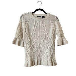 Moda International Cable Knit Short Sleeve Ruffle Edge Ivory Sweater Top, M